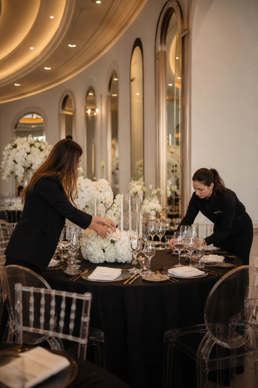 A venue team preparing flowers and table settings for a wedding