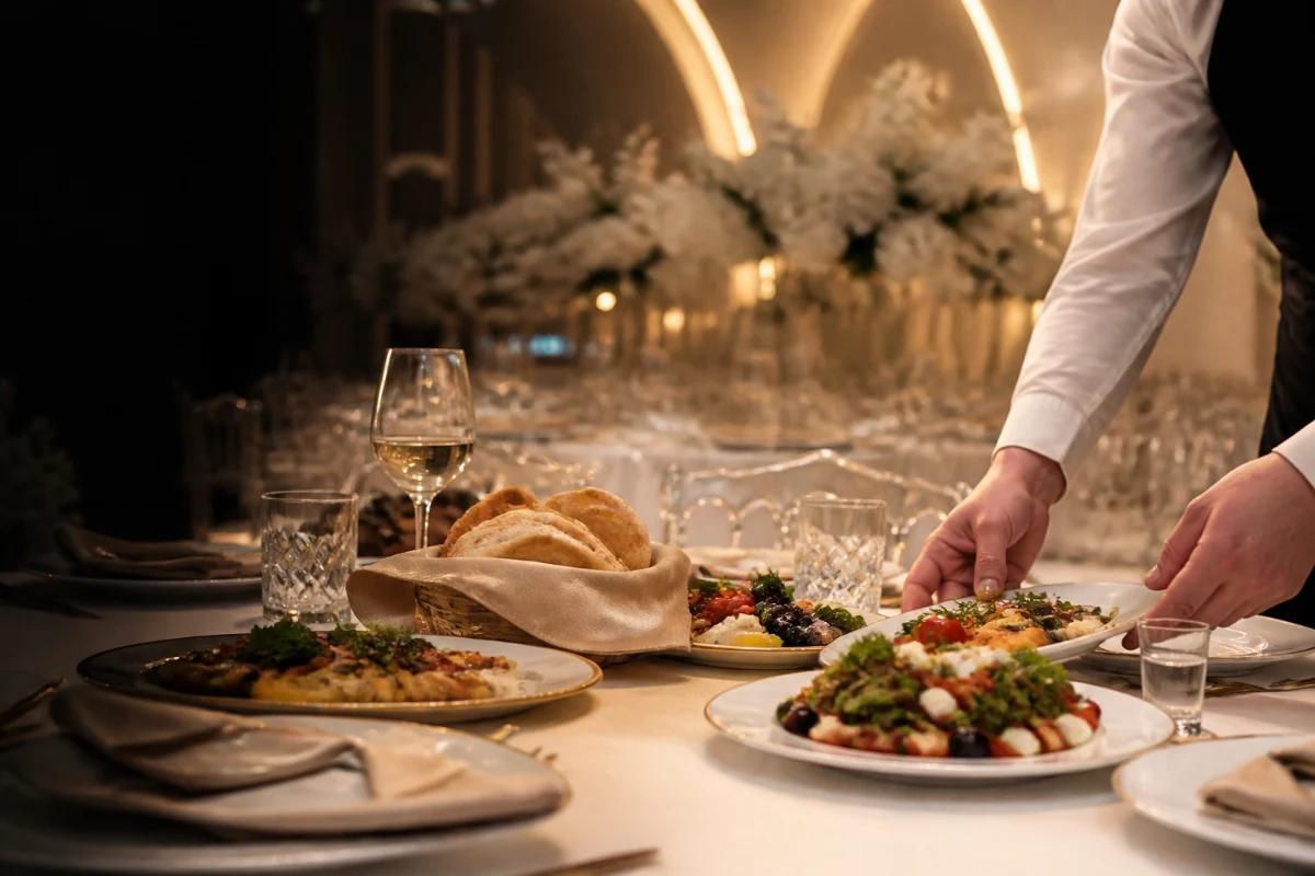 A server presenting food at a prepared wedding table